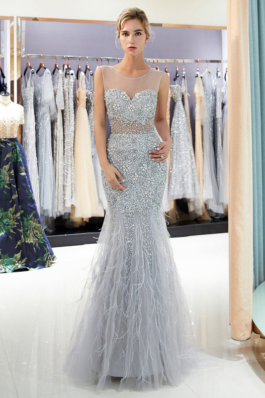 Long Mermaid Jewel Crystal Sqeuined Tulle Evening Dresses