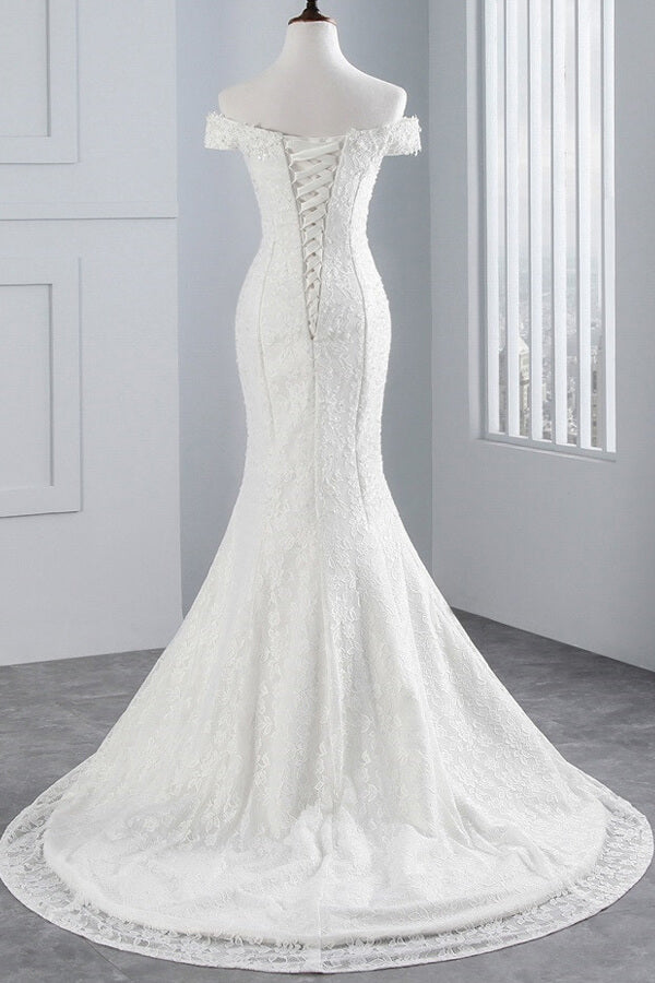 Langes Meerjungfrau-Brautkleid mit schulterfreiem Schnitt und Spitze