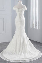 Langes Meerjungfrau-Brautkleid mit schulterfreiem Schnitt und Spitze