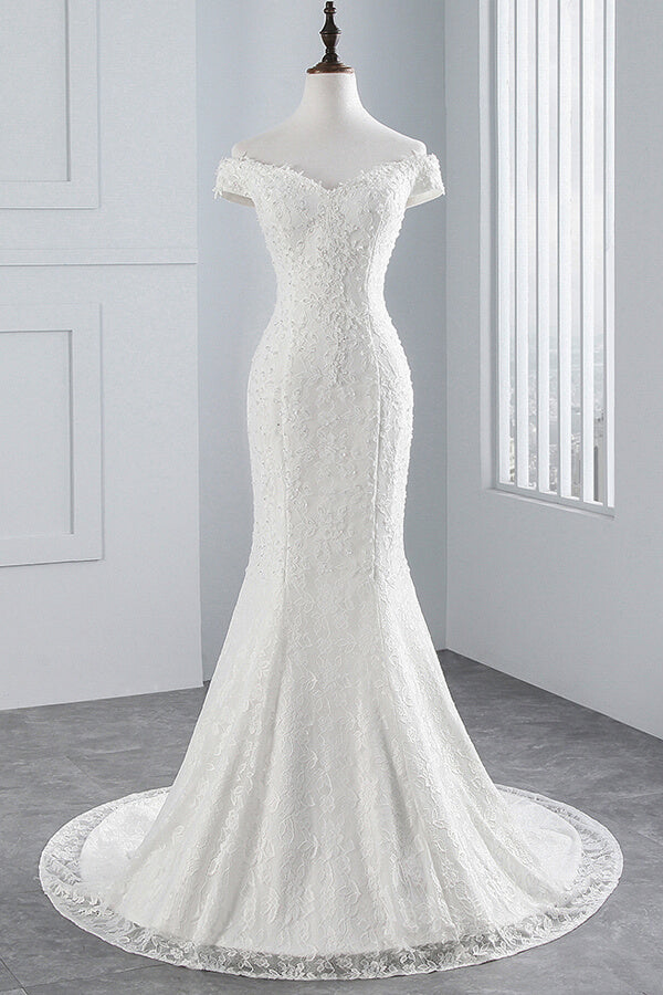 Langes Meerjungfrau-Brautkleid mit schulterfreiem Schnitt und Spitze