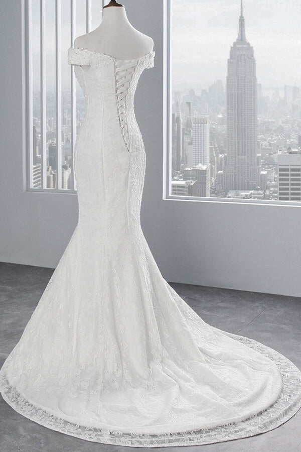 Langes Meerjungfrau-Brautkleid mit schulterfreiem Schnitt und Spitze