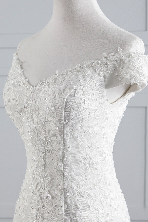 Langes Meerjungfrau-Brautkleid mit schulterfreiem Schnitt und Spitze