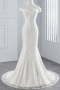 Langes Meerjungfrau-Brautkleid mit schulterfreiem Schnitt und Spitze