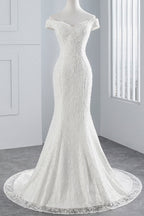 Langes Meerjungfrau-Brautkleid mit schulterfreiem Schnitt und Spitze