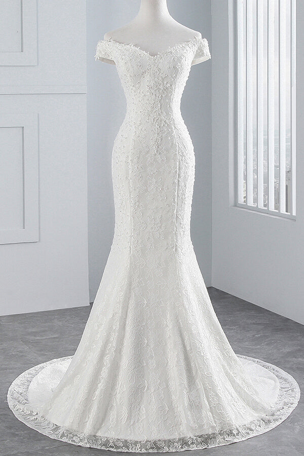 Langes Meerjungfrau-Brautkleid mit schulterfreiem Schnitt und Spitze