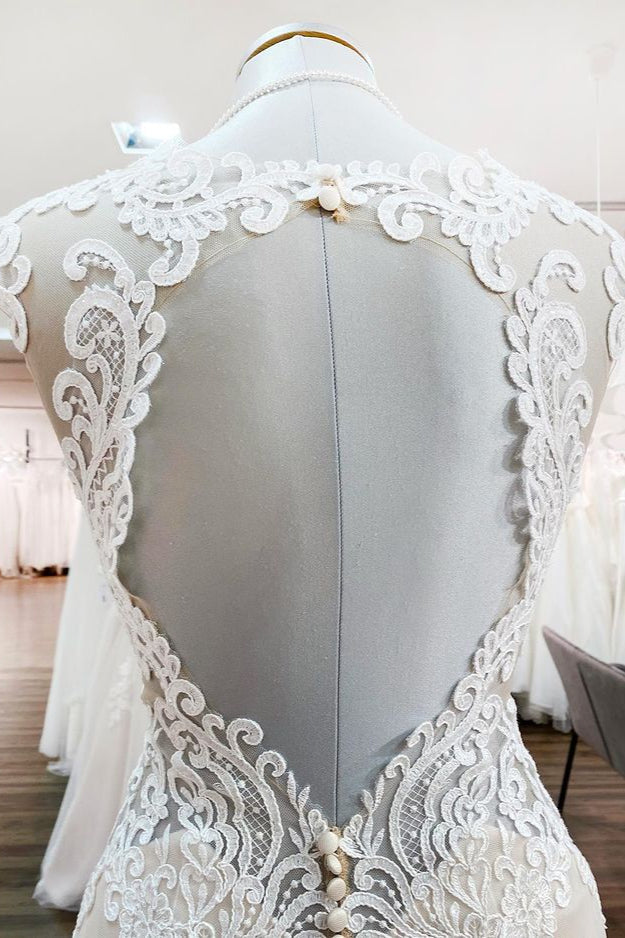 Langes Meerjungfrau-Brautkleid aus Spitze mit Herzausschnitt und offenem Rücken