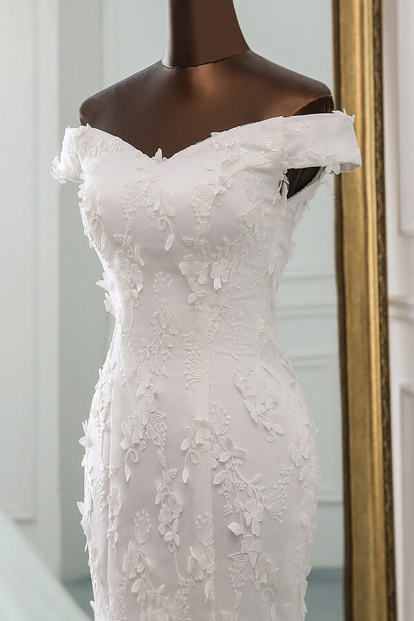 Langes Meerjungfrau-Brautkleid mit schulterfreier Spitze und Schnürung