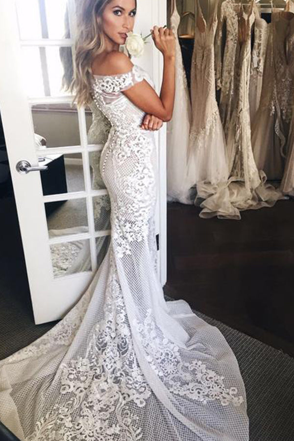 Langes Meerjungfrau-Brautkleid mit schulterfreier Schleppe und Applikationen