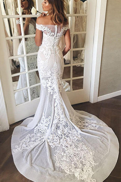 Langes Meerjungfrau-Brautkleid mit schulterfreier Schleppe und Applikationen