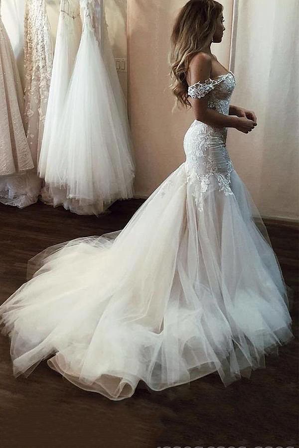 Lange Meerjungfrau Off the Shoulder Lace Backless Brautkleider