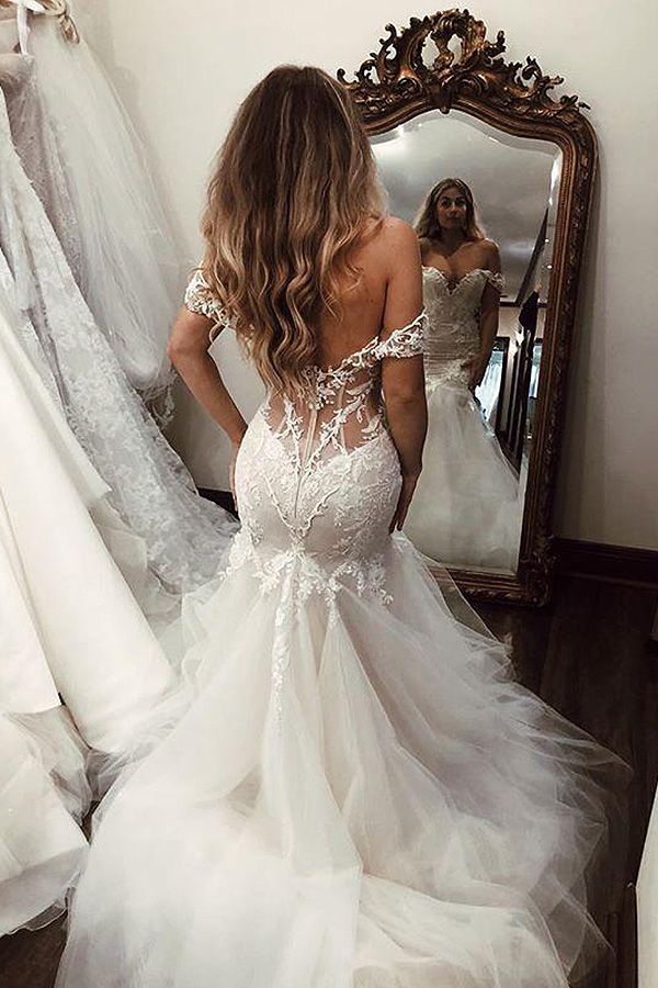 Lange Meerjungfrau Off the Shoulder Lace Backless Brautkleider