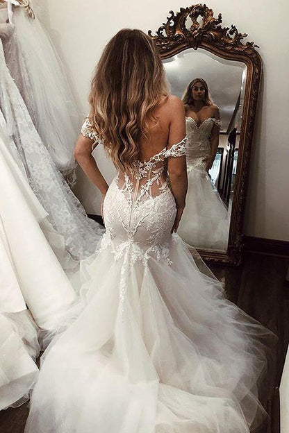 Lange Meerjungfrau Off the Shoulder Lace Backless Brautkleider
