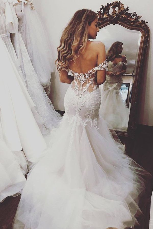 Lange Meerjungfrau Off the Shoulder Lace Backless Brautkleider