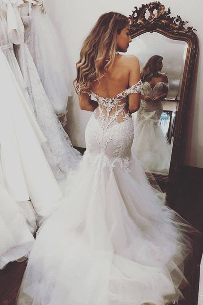 Lange Meerjungfrau Off the Shoulder Lace Backless Brautkleider