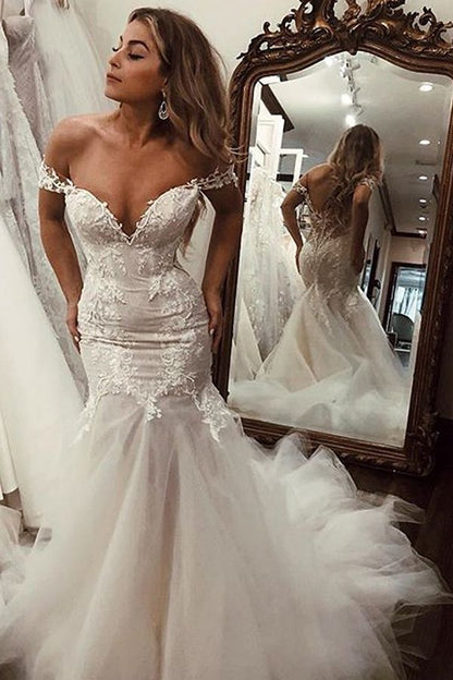 Lange Meerjungfrau Off the Shoulder Lace Backless Brautkleider
