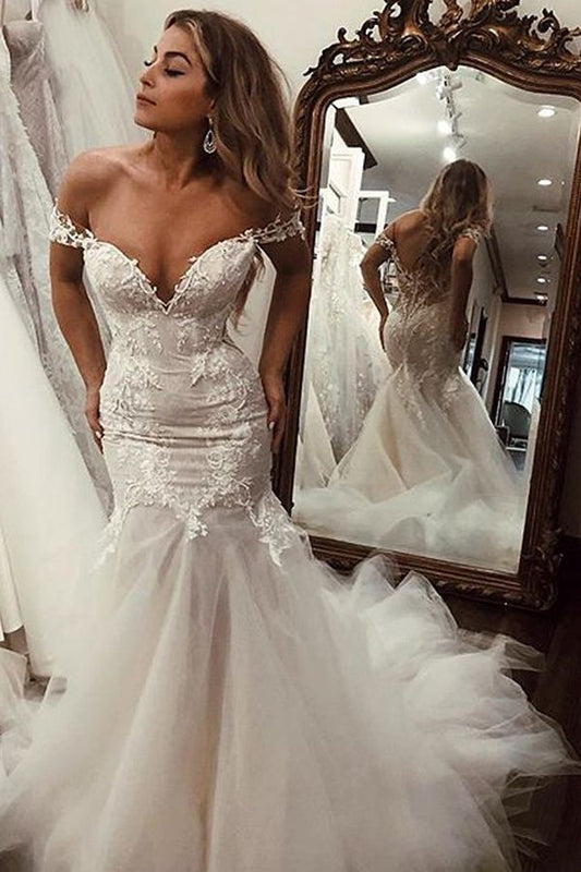 Lange Meerjungfrau Off the Shoulder Lace Backless Brautkleider