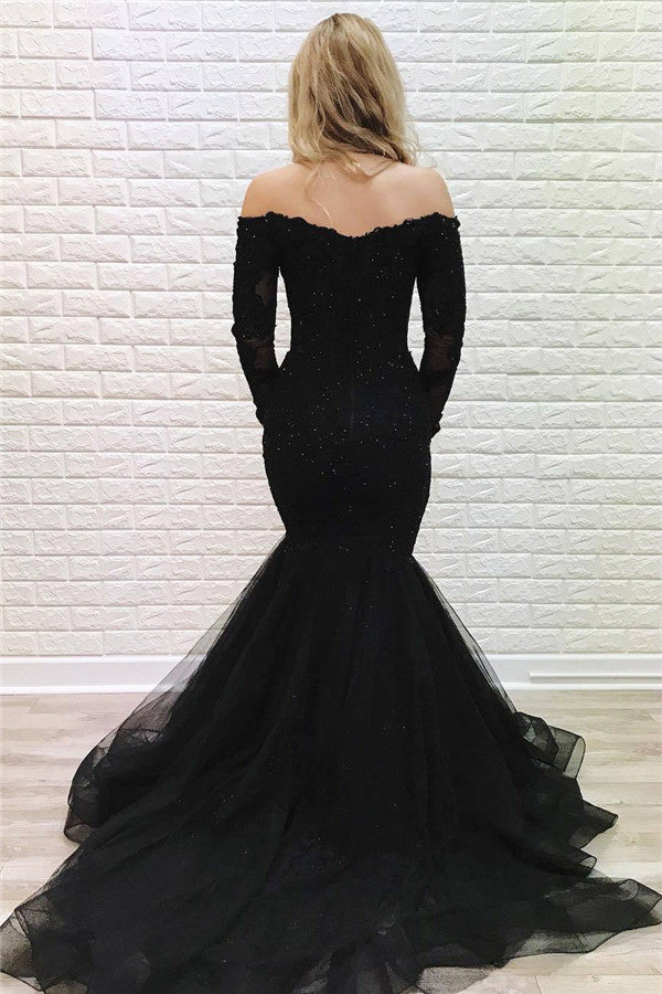 Long Mermaid Off-the-shoulder Lace Formal Prom Dress with Sleeves