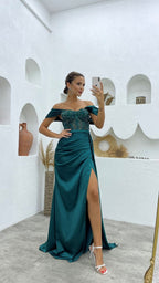 Long Mermaid Off the shoulder Satin Beading Formal Prom Dresses with Slit