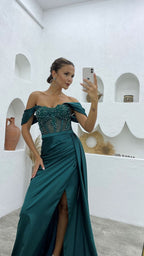 Long Mermaid Off the shoulder Satin Beading Formal Prom Dresses with Slit