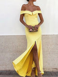Long Mermaid Off the Shoulder Satin Prom Dresses with Slit Yellow Formal Graduation Dresses with Slit