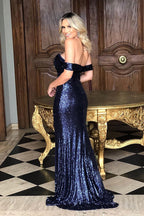 Vestidos de fiesta largos de sirena con hombros descubiertos, lentejuelas y abertura