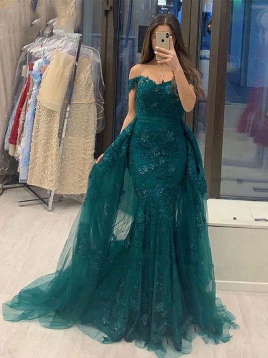 Long Mermaid Off the Shoulder Tulle Lace Formal Graduation Prom Dresses