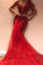 Long Mermaid One Shoulder Appliques Lace Tulle Red Prom Dress