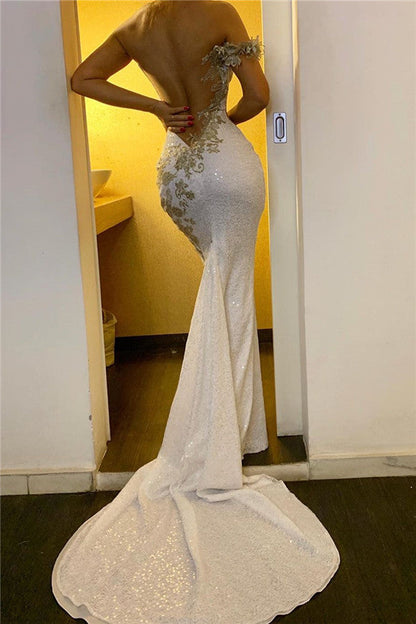 Vestido de noche formal largo de sirena con un solo hombro, apliques de lentejuelas y espalda descubierta