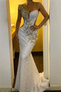 Long Mermaid One Shoulder Appliques Sequined Backless Formal Evening Dresses