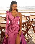 Long Mermaid One Shoulder Front Slit Prom Dresses with Sleeves