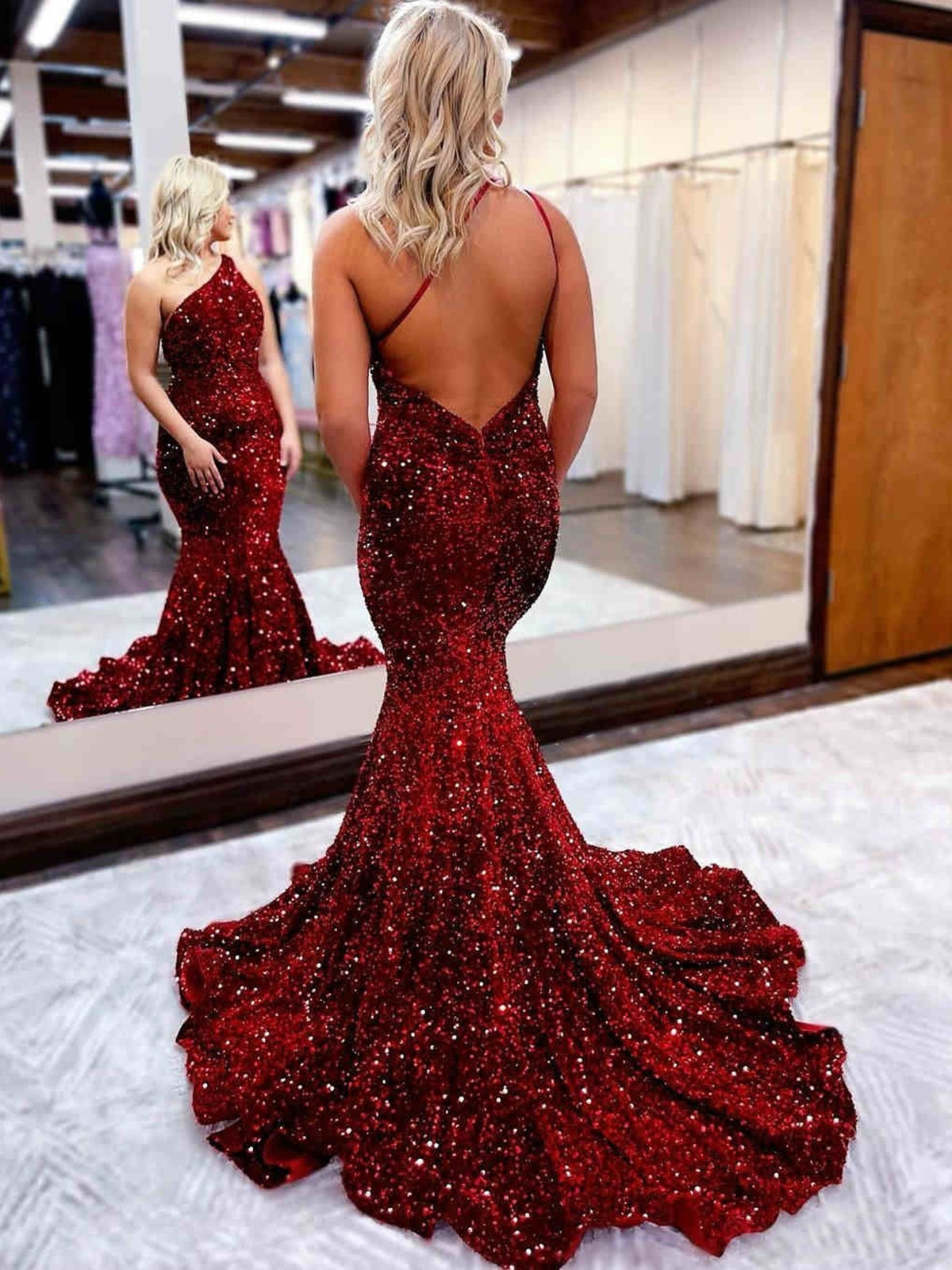 Robe longue sirène à une épaule avec dos ouvert et paillettes, bordeaux, robe de soirée formelle
