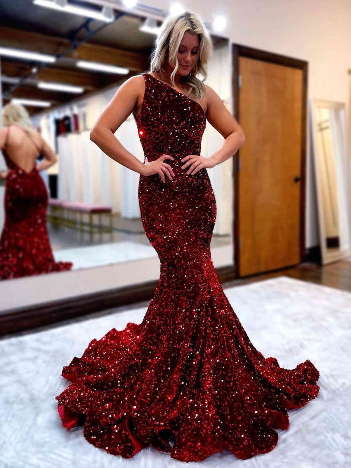 Robe longue sirène à une épaule avec dos ouvert et paillettes, bordeaux, robe de soirée formelle