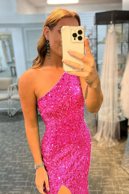 Langes Meerjungfrau-Abendkleid mit einer Schulter und Pailletten und Schlitz in Fuchsia
