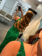 Long Mermaid One Shoulder Sequins Open Back Formal Prom Dresses with Slit