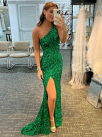 Long Mermaid One Shoulder Sequins Open Back Formal Prom Dresses with Slit