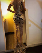 Abito da sera lungo sirena in tulle con pizzo e spalla scoperta trasparente