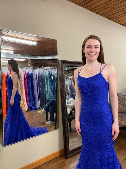 Langes Meerjungfrau-Abschlussballkleid mit U-Ausschnitt und Spitze und offenem Rücken in Königsblau