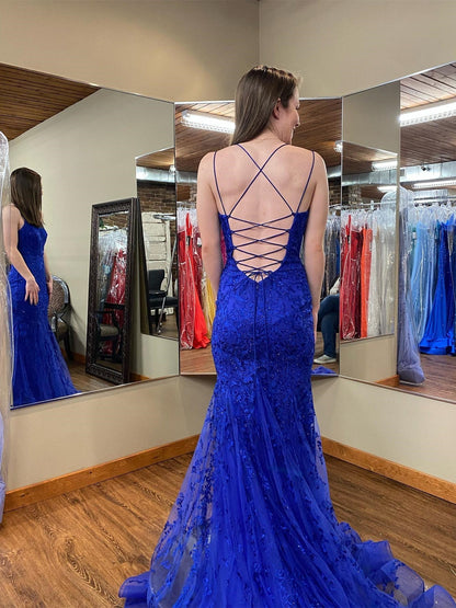 Langes Meerjungfrau-Abschlussballkleid mit U-Ausschnitt und Spitze und offenem Rücken in Königsblau