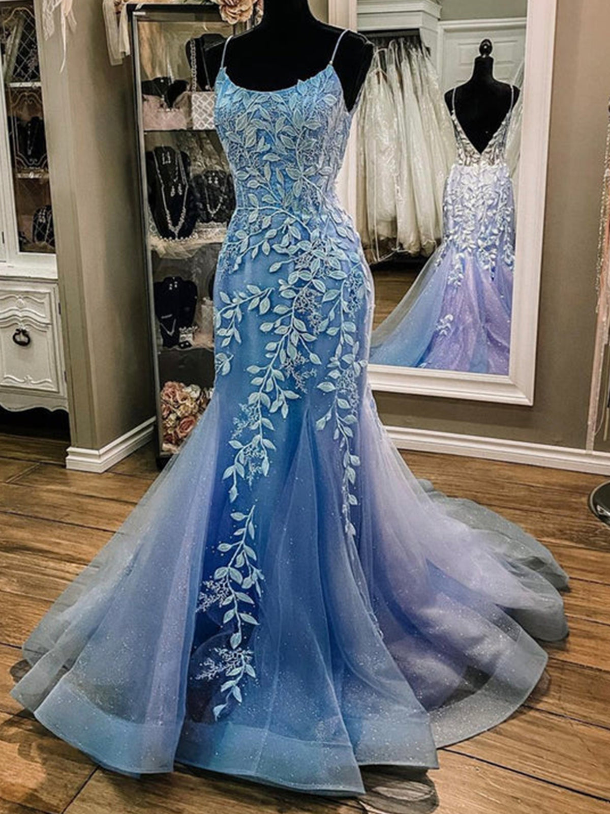 Robe de bal longue sirène à encolure dégagée, dos nu en tulle, dentelle bleue, robes de soirée formelles