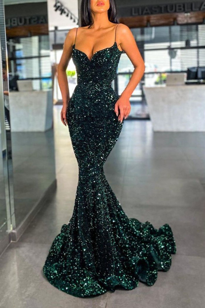 Robe de bal longue sirène verte foncée à paillettes