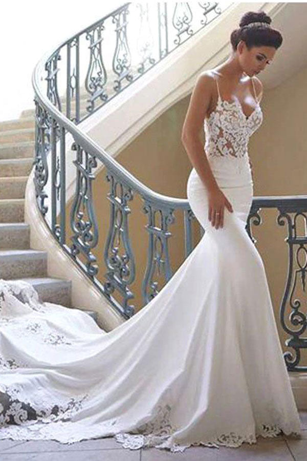 Long Mermaid Spaghetti Strap Lace Backless Wedding Dress