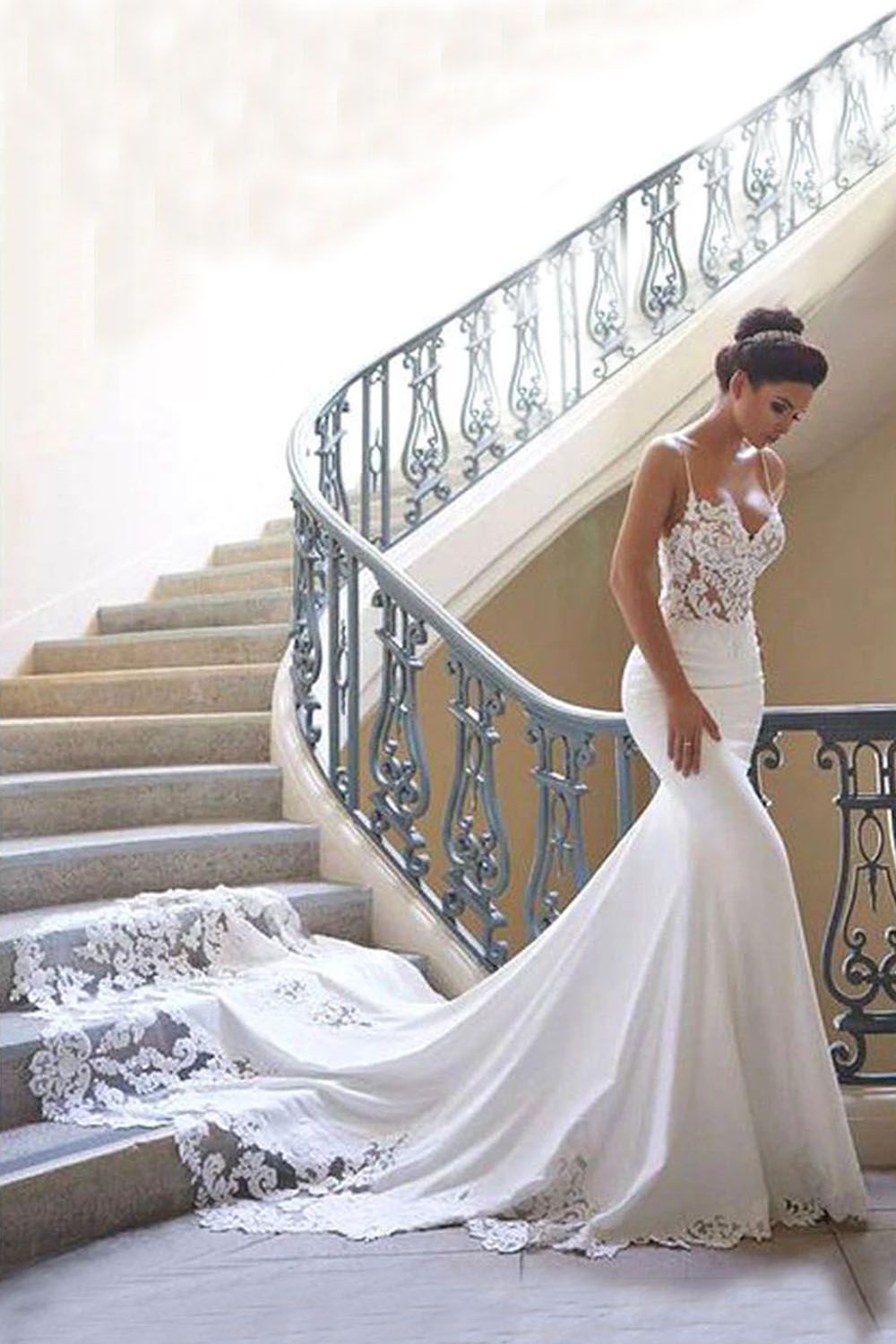 Long Mermaid Spaghetti Strap Lace Backless Wedding Dress