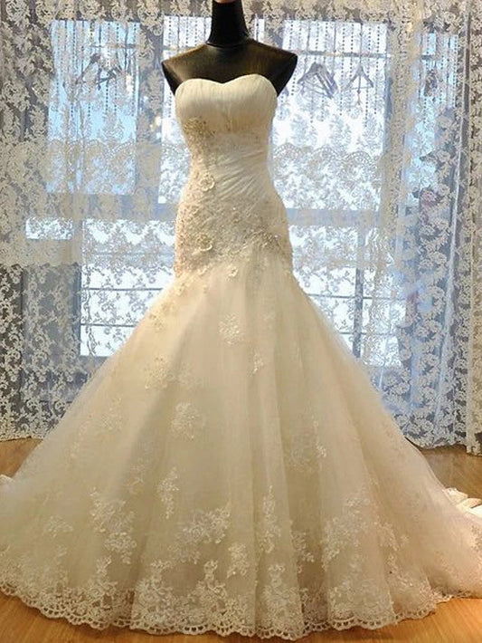 Lange Meerjungfrau Trägerlosen Hof-schleppe Spitze Organza Brautkleider