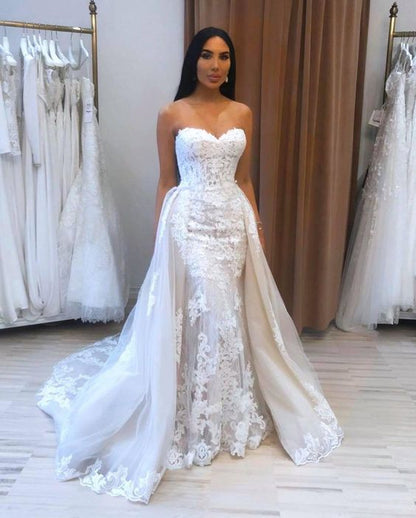 Long Mermaid Sweetheart Appliques Lace Tulle Wedding Dress