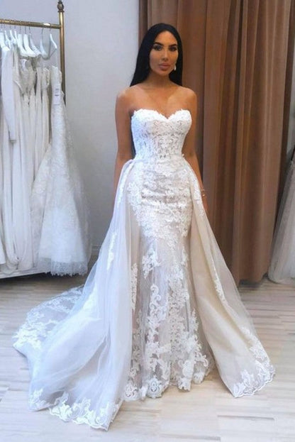 Long Mermaid Sweetheart Appliques Lace Tulle Wedding Dress