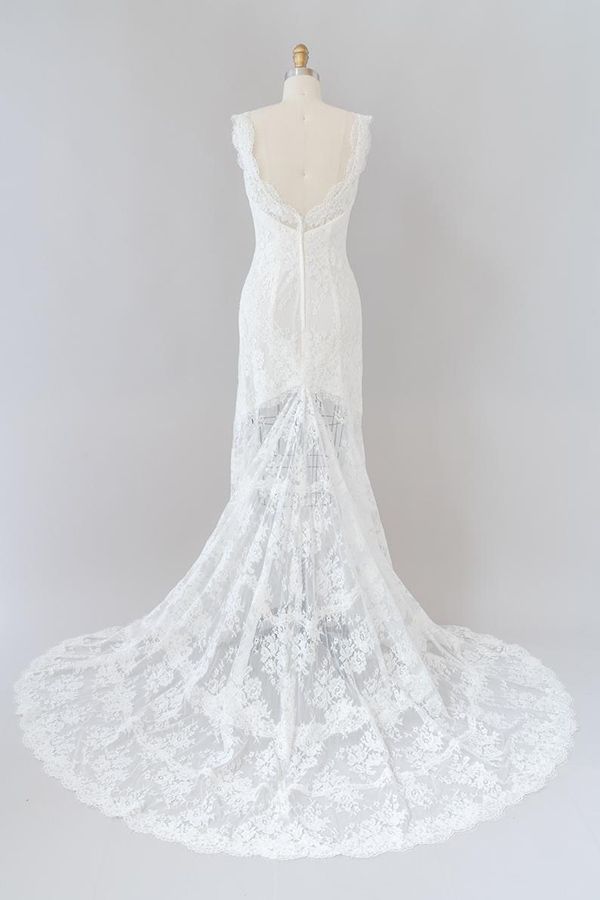 Langes Meerjungfrau-Brautkleid mit Herzausschnitt und rückenfreiem Spitzenbesatz