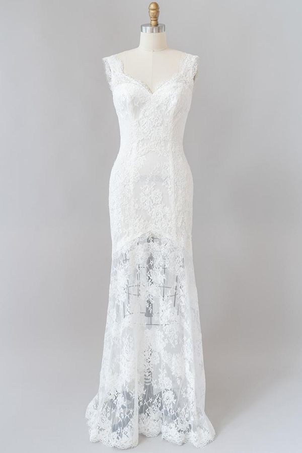 Langes Meerjungfrau-Brautkleid mit Herzausschnitt und rückenfreiem Spitzenbesatz