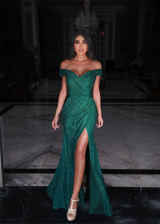 Long Mermaid Sweetheart Off-the-shoulder Green Prom Dresses with Slit