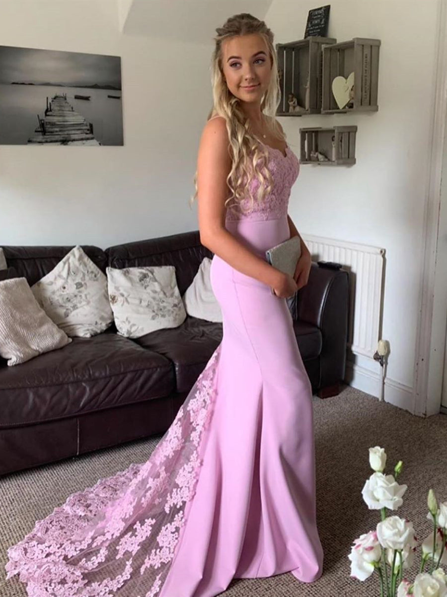 Abito lungo da cerimonia con scollo a cuore, in raso e pizzo, per ballo di fine anno