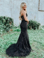 Robe de bal noire longue en tulle et dentelle, décolleté cœur sirène, robe de soirée formelle